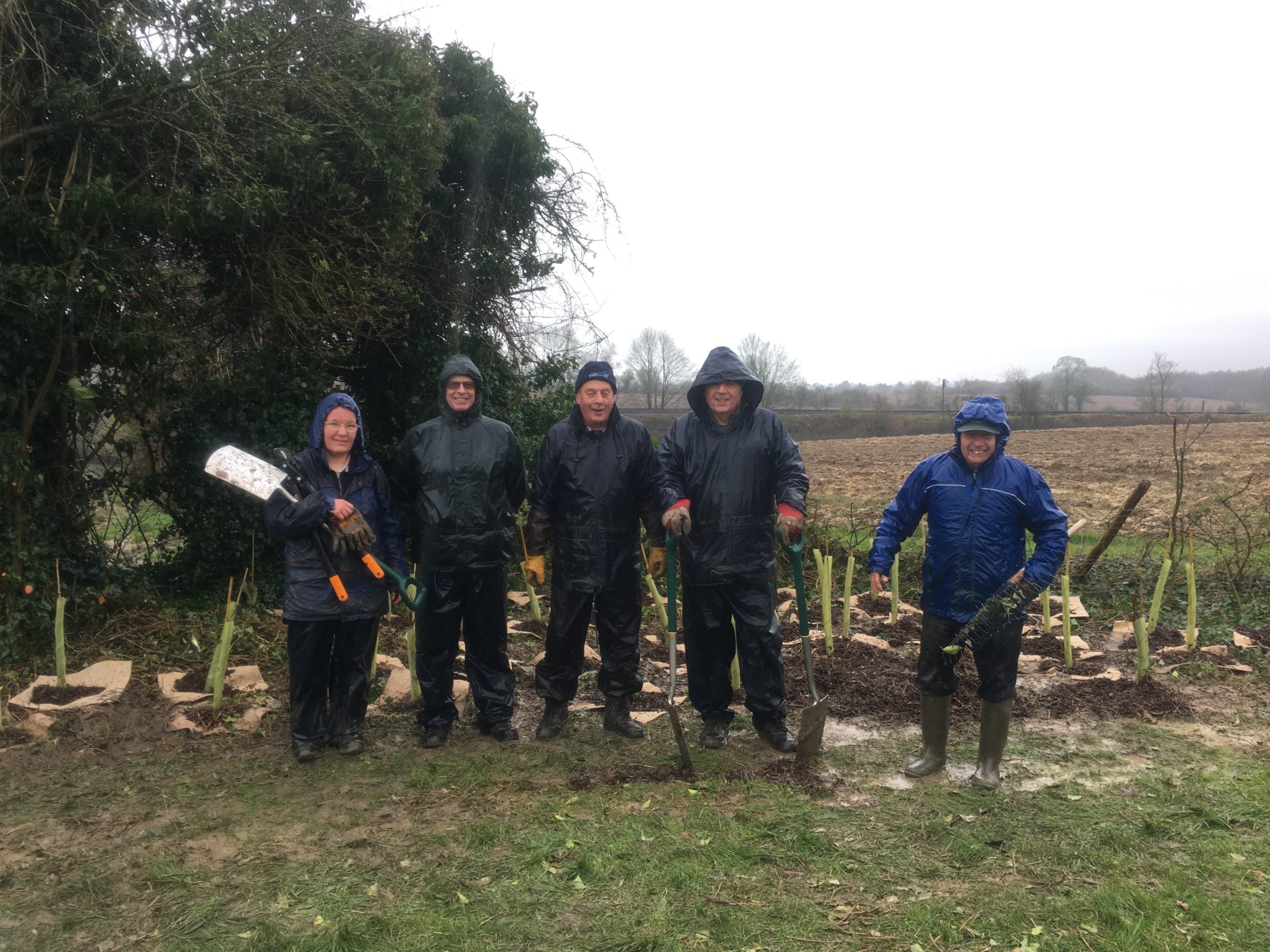 Five people dressed in wet weather clothing standing in front of a row of newly planted hedgerow