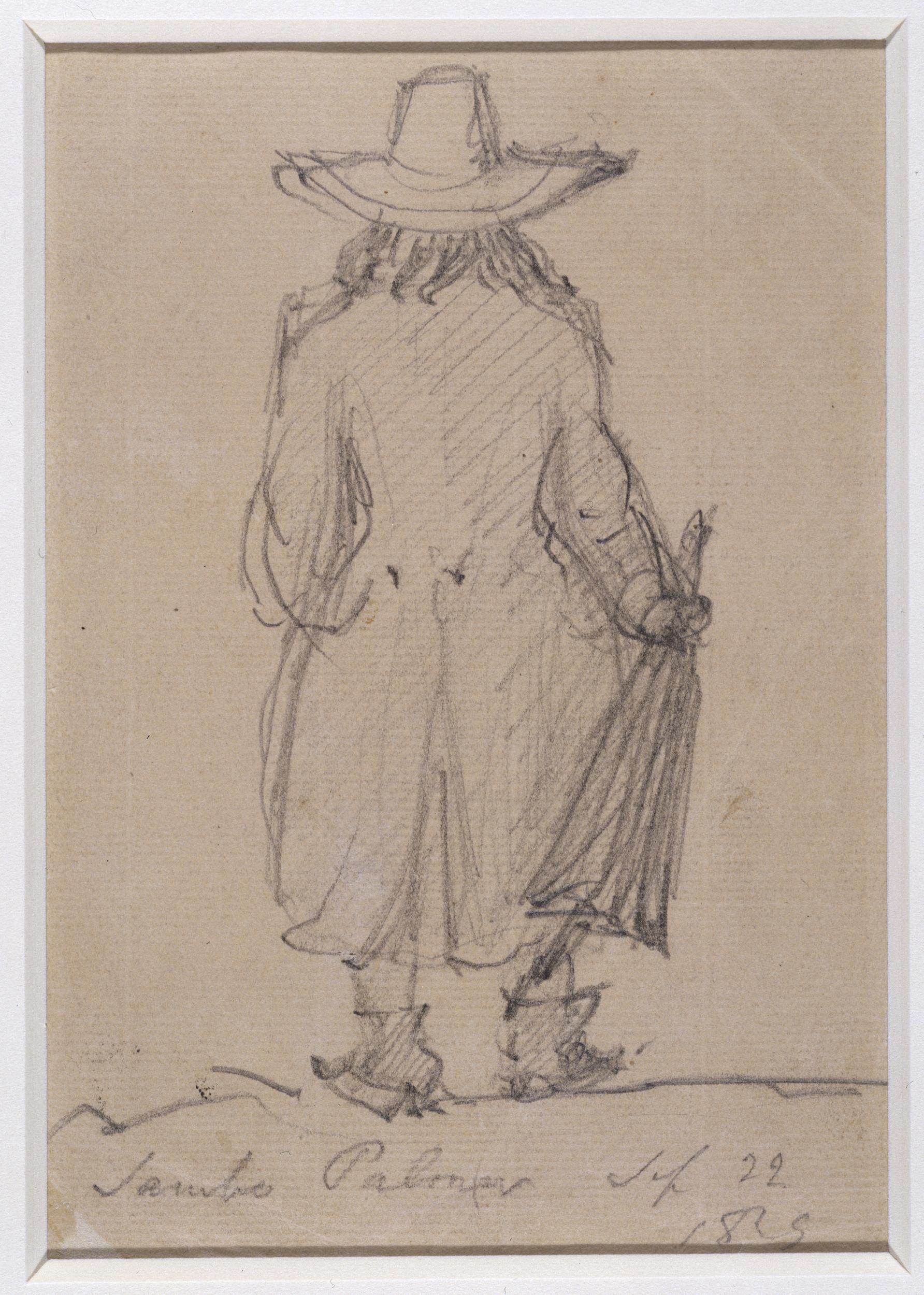 Sketch of the back of a man with hat and holding an upside down umbrella in his right hand