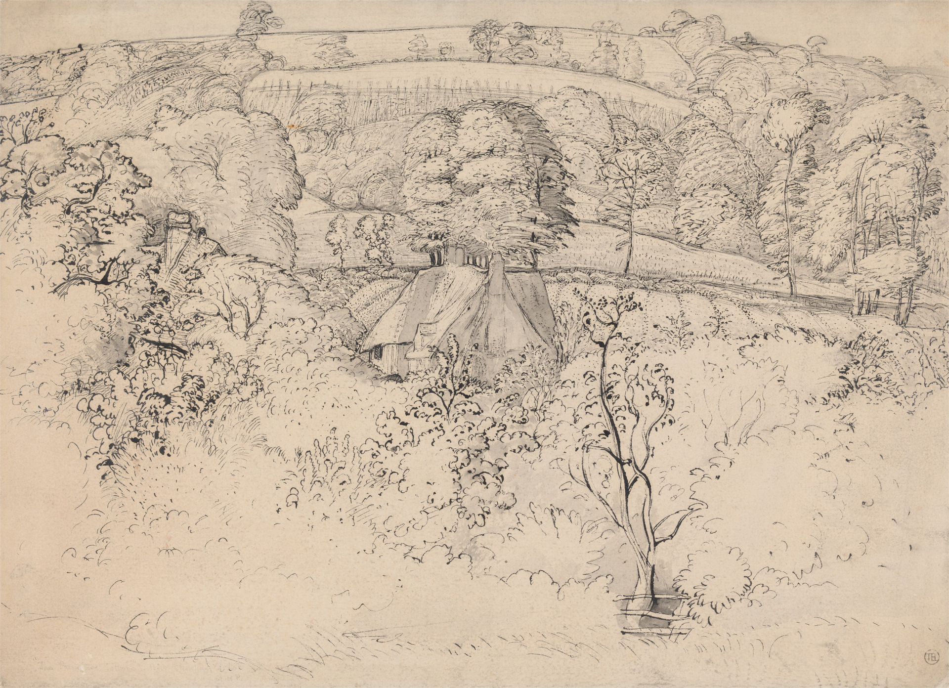 Sketch of house in middle of trees and hills behind