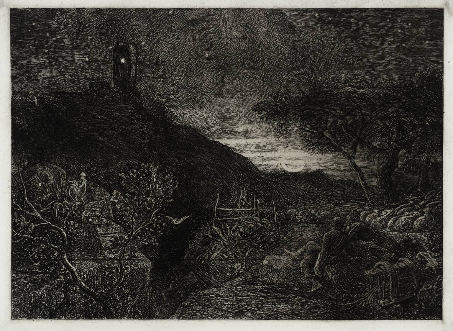 Dark night sketch with tower on hill and farmer resting with sheep below