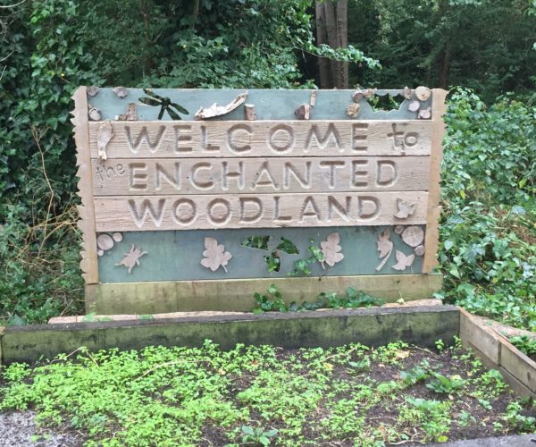 Wooden sign saying welcome to the Enchanted Woodland