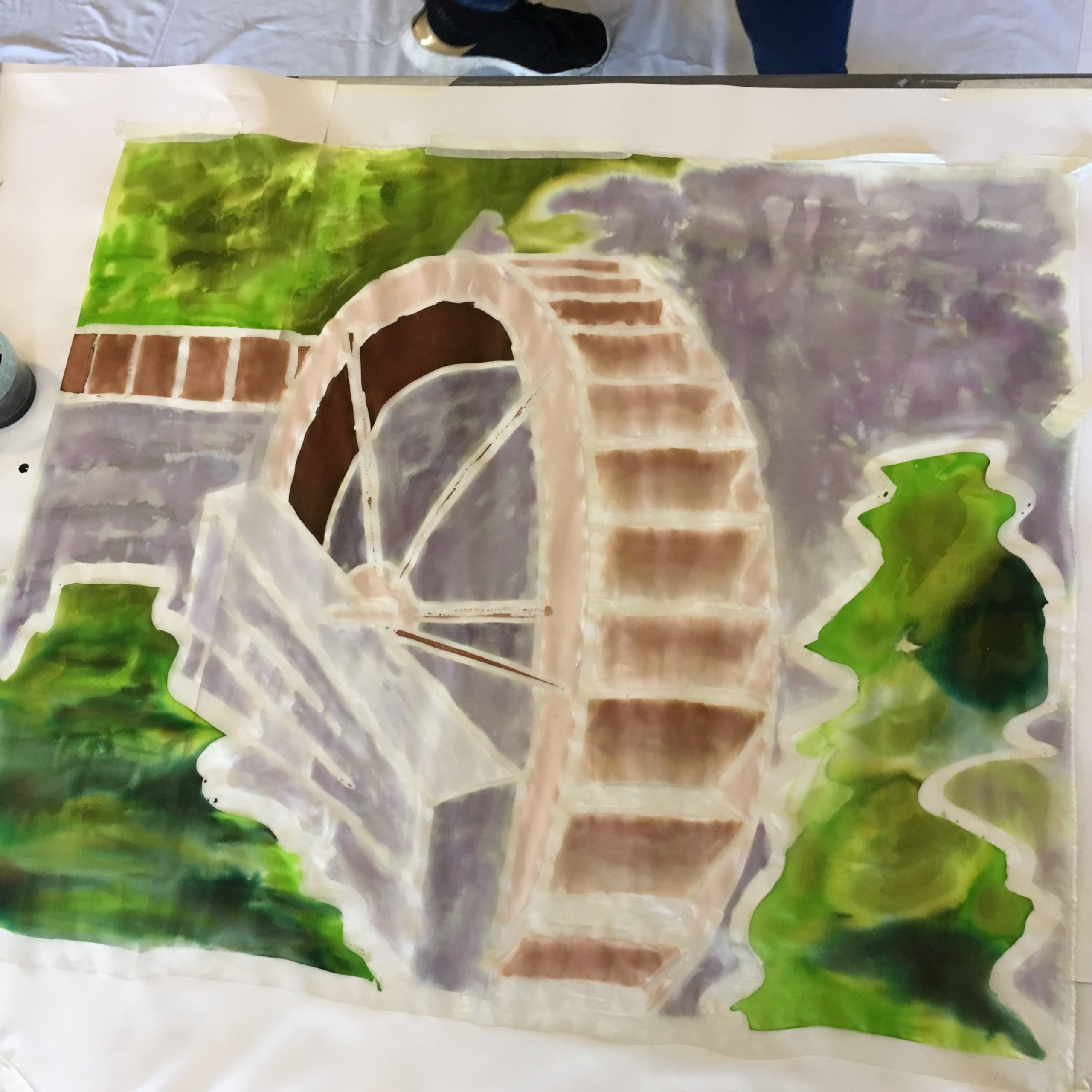 Silk painting of a water wheel