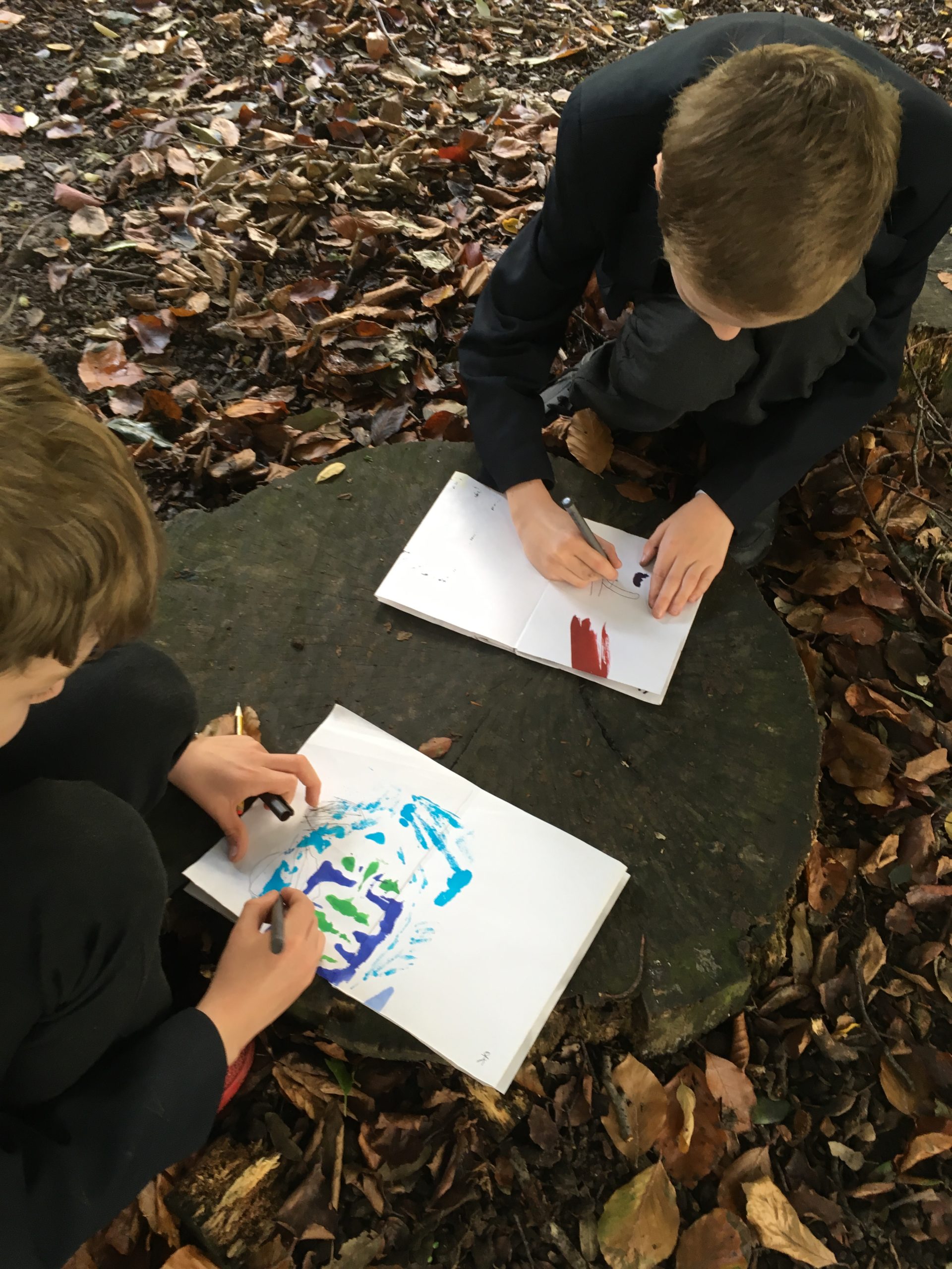 Two boys sketching in books outdoors