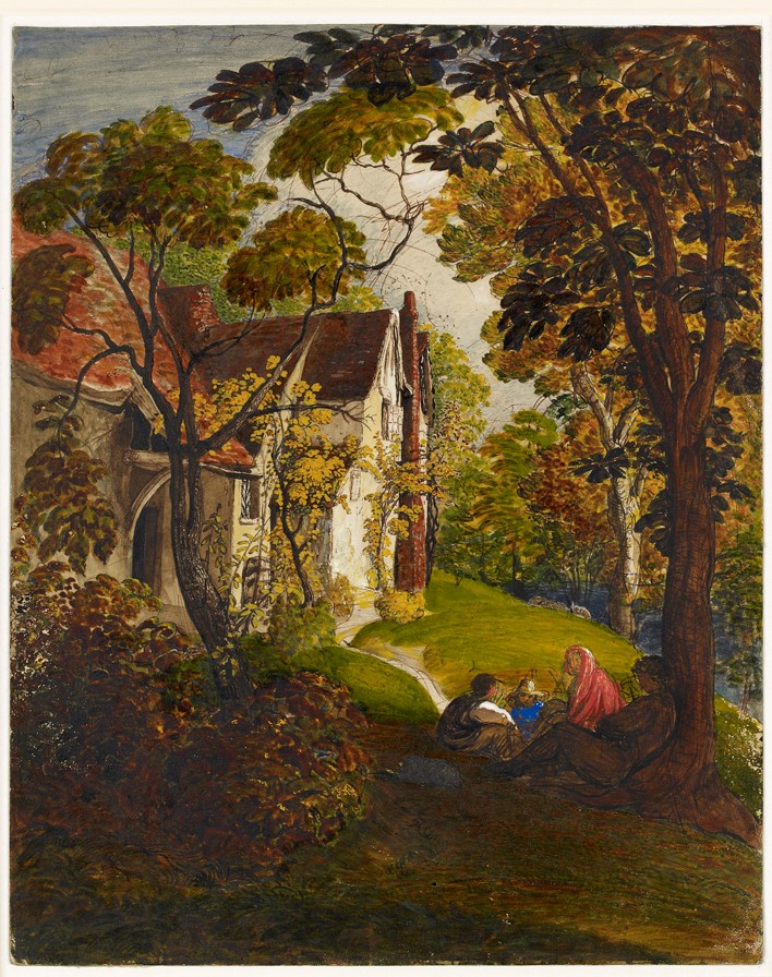 Colourful painting with large white house and people sat under a tree
