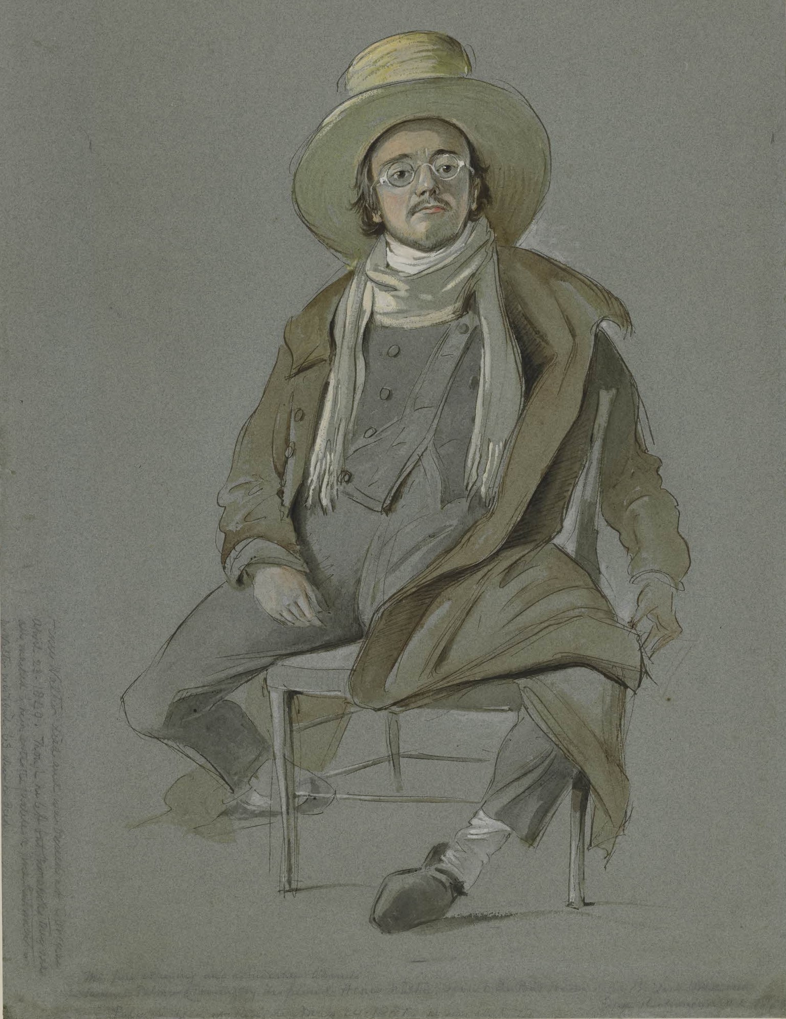 Old coloured portrait of man sitting on chair wearing a large hat