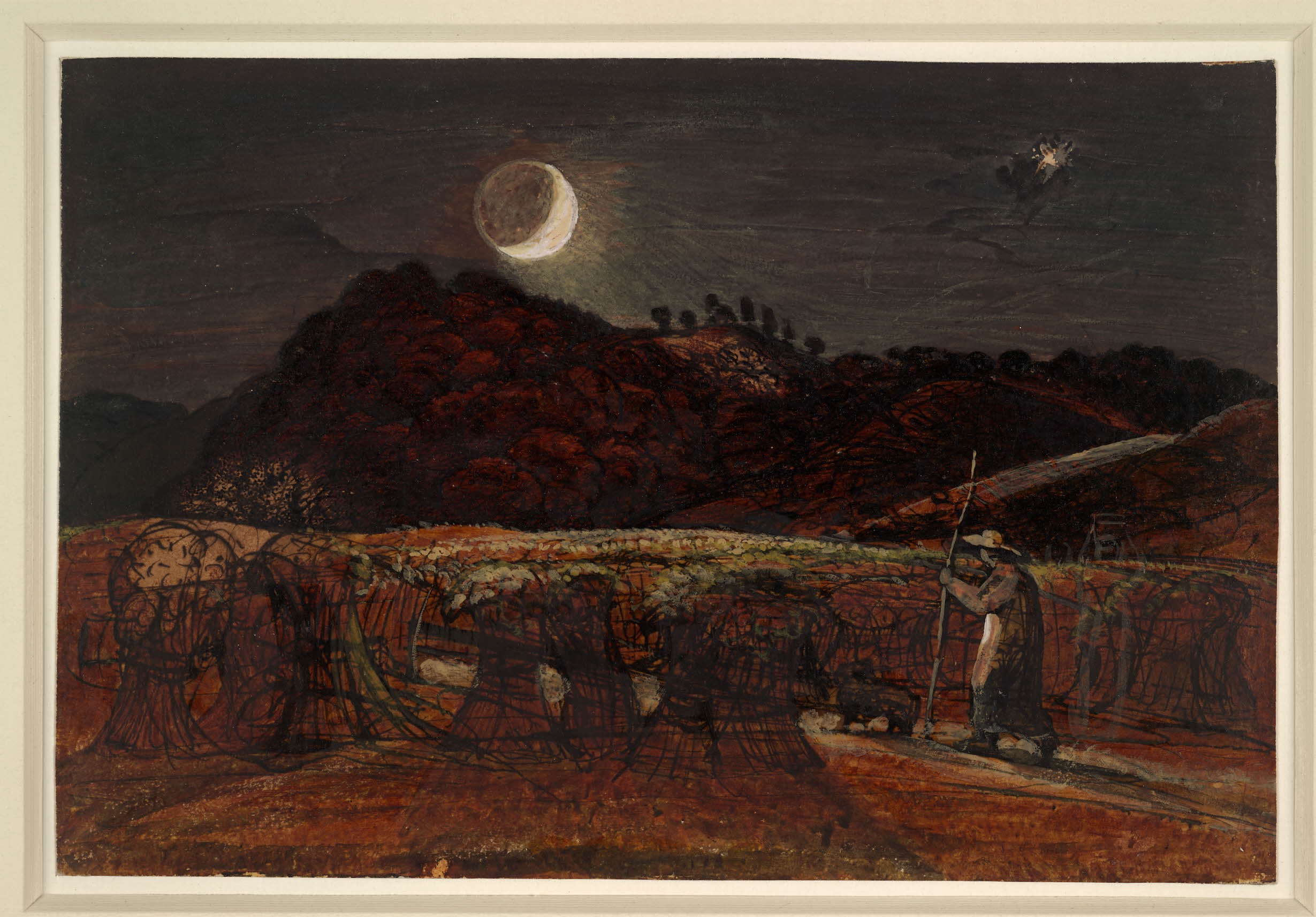 An old painting with hay stooks and a farmer and a crescent white moon