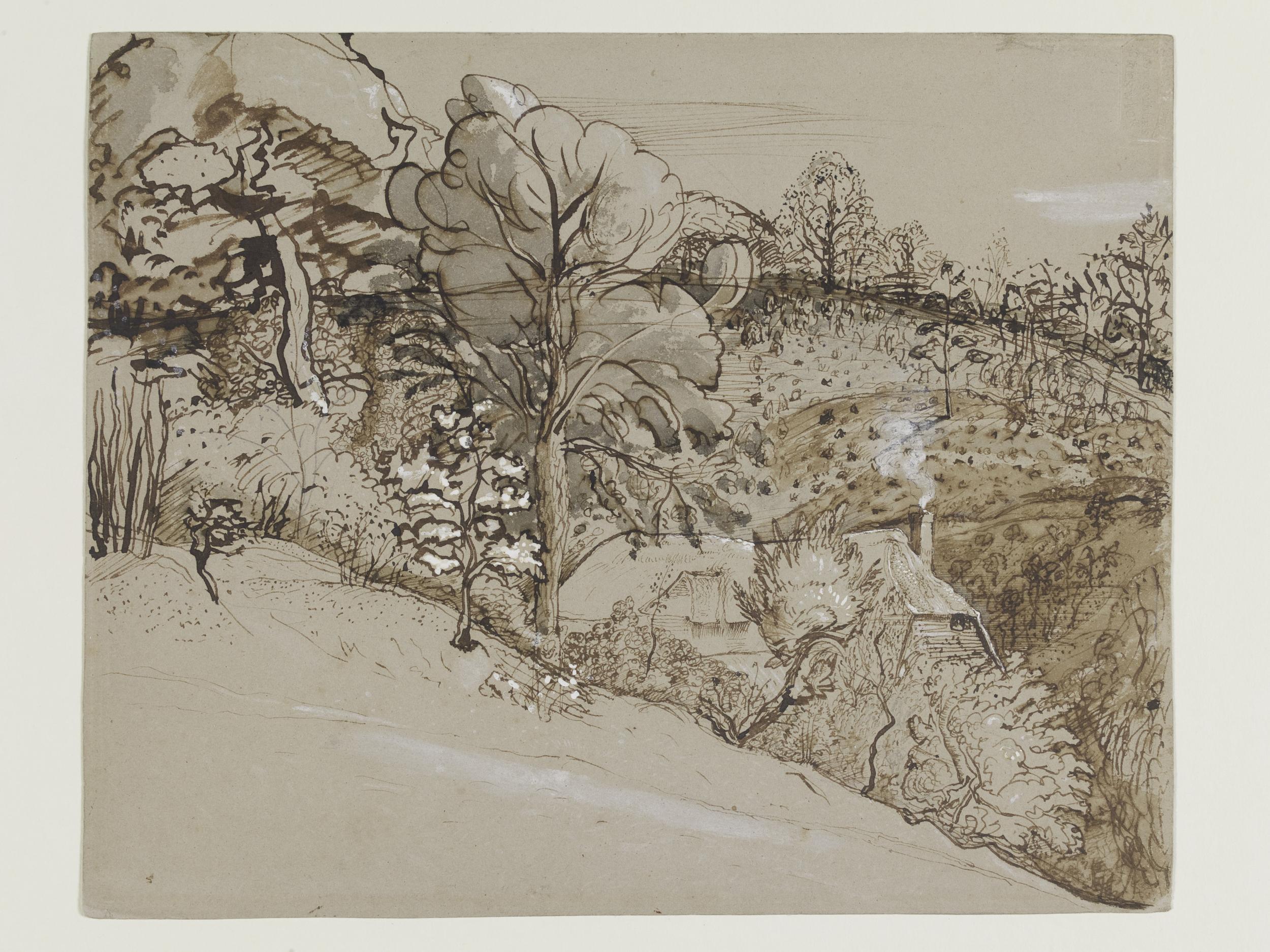 Grey sketch of hill with a house in the bottom of the valley