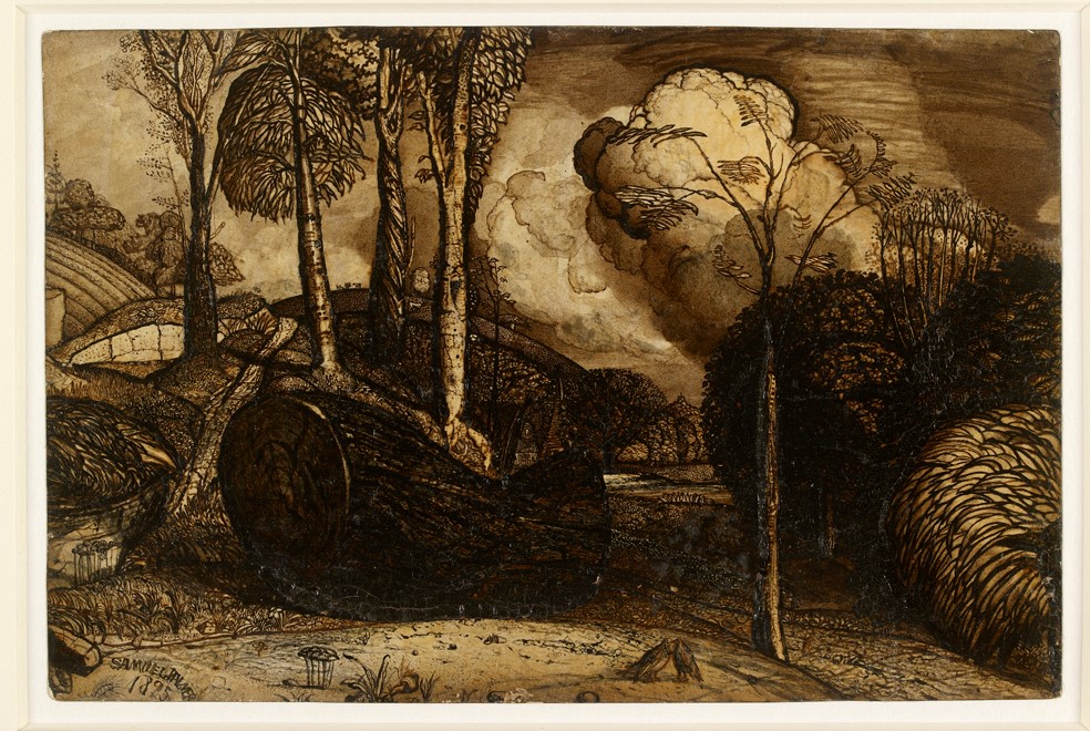 Yellowy painting with large tree on ground and large white clouds behind