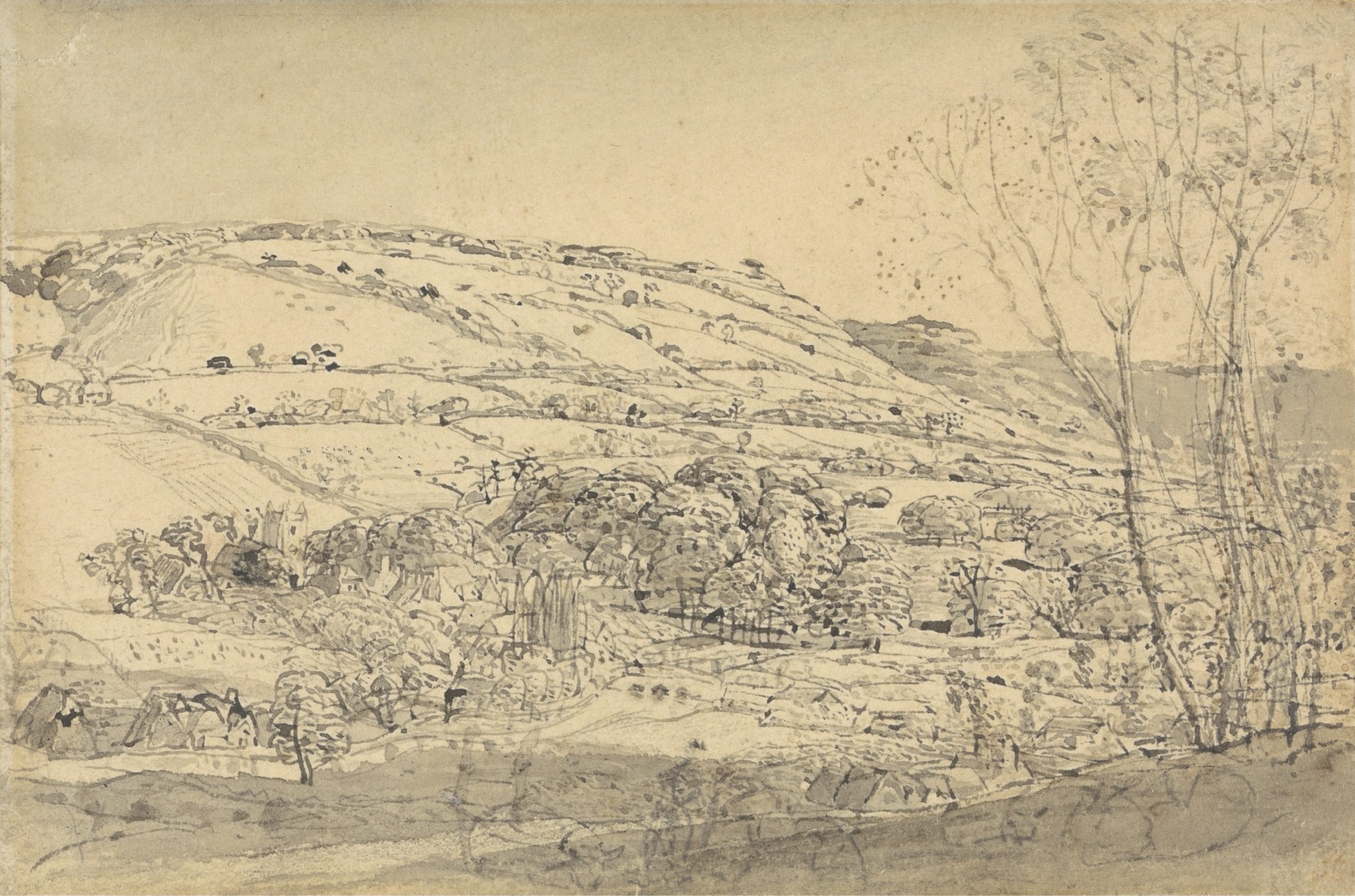 An old sketch of a valley with trees and fields
