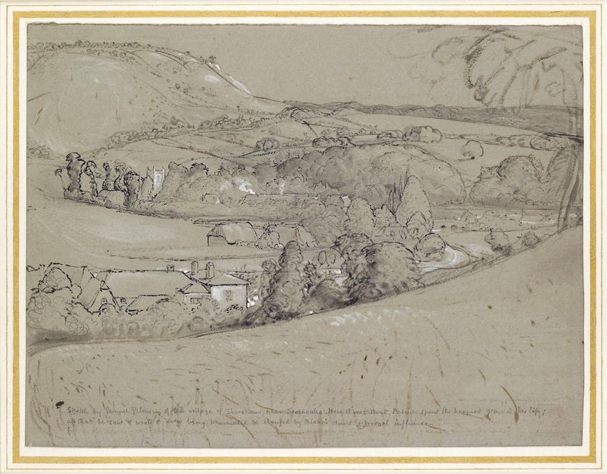 Old grey sketch of valley with houses and trees in it