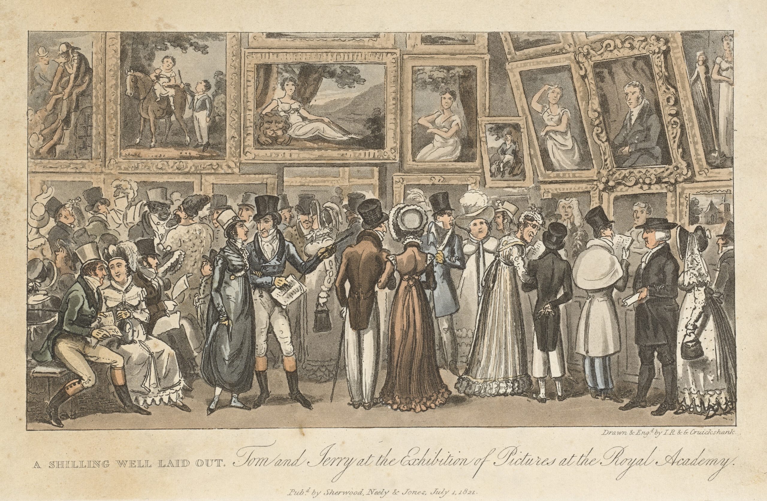 Old detailed sketch of lots of people dressed smartly in top hats at a theatre