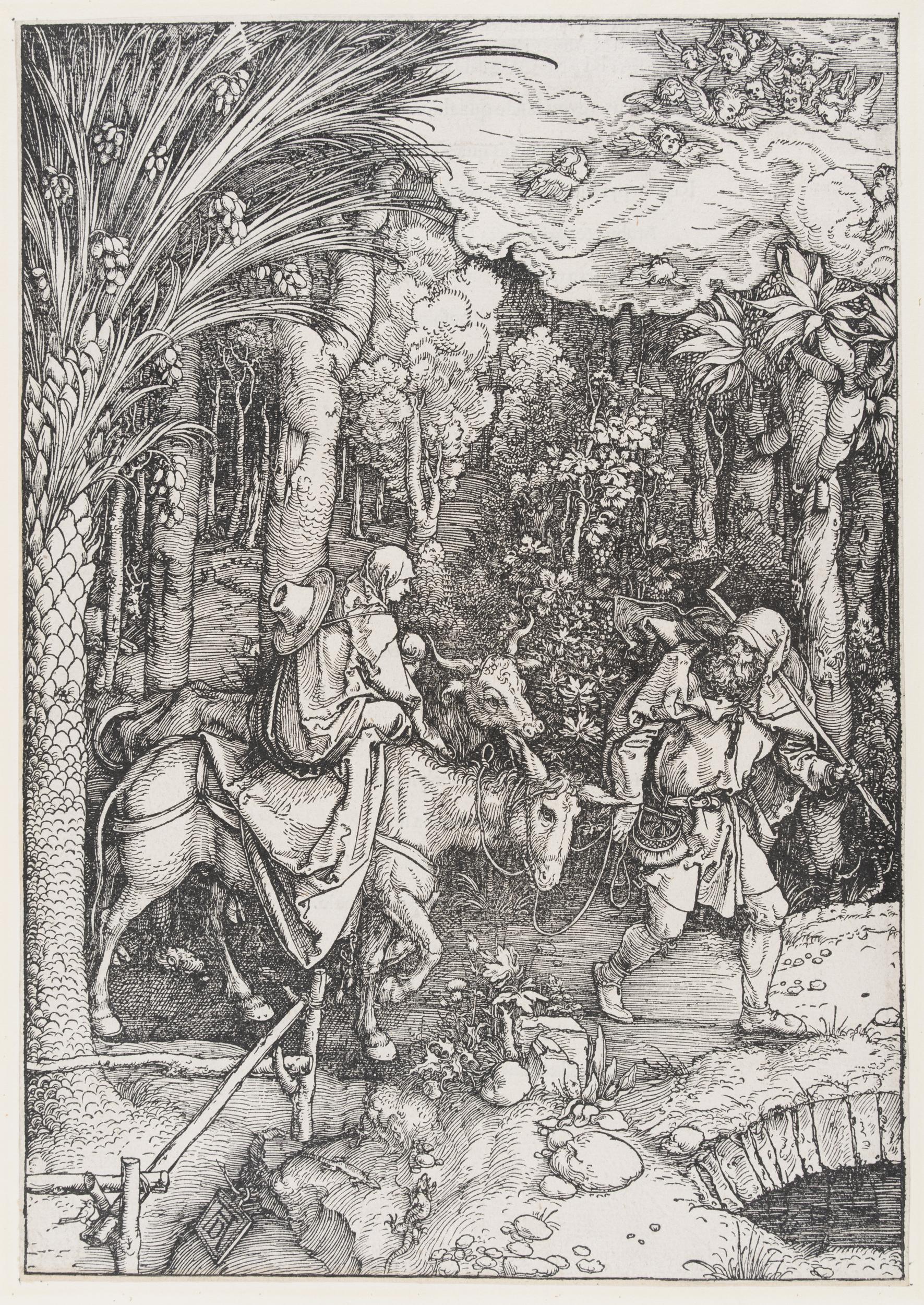 Old black and white sketch with man writing horse in woods