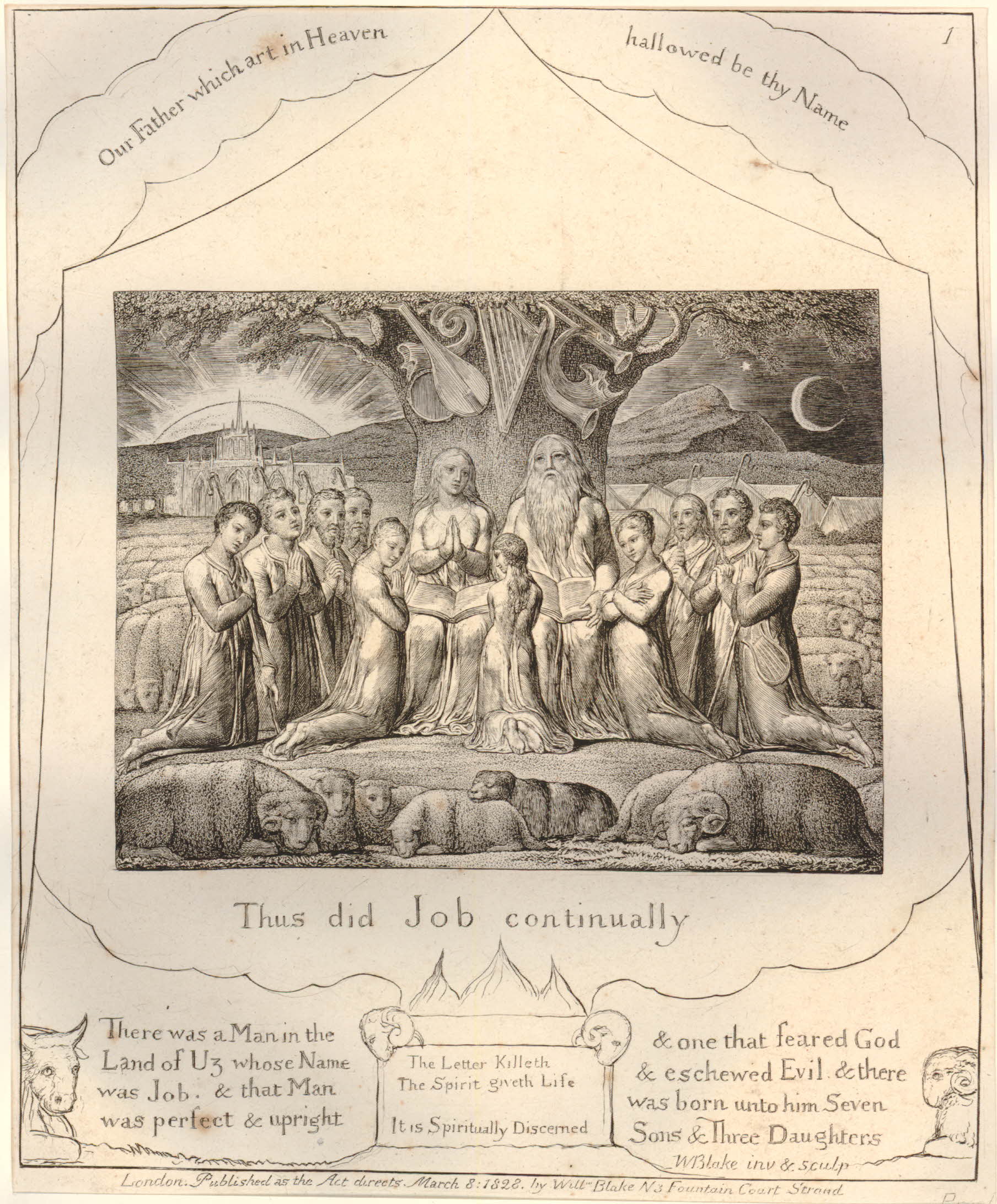 Old black and white sketch in a book with a group of people praying underneath a tree