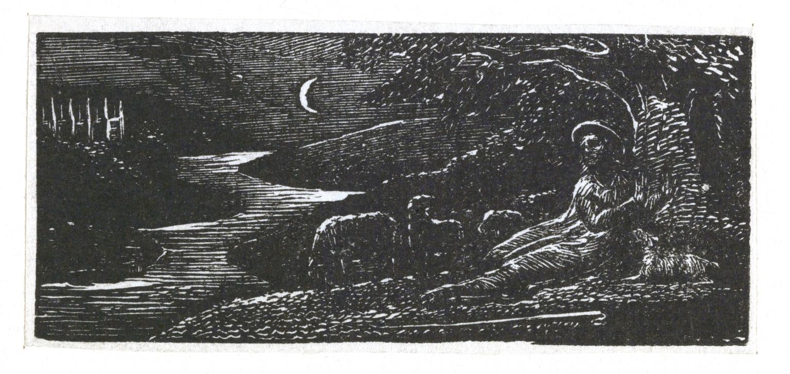 Very dark old black and white sketch painting with shepherdess and sheep and crescent moon