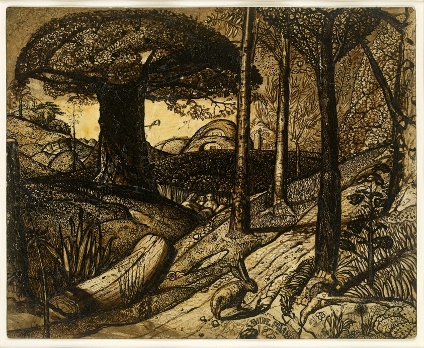 Yellowy painting of large tree with thin trees in front and a rabbit