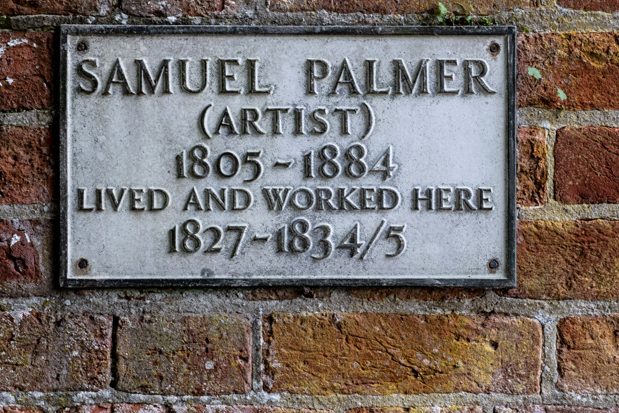 Sign about Samuel Palmer saying he lived and worked at this house 1827 to 1834