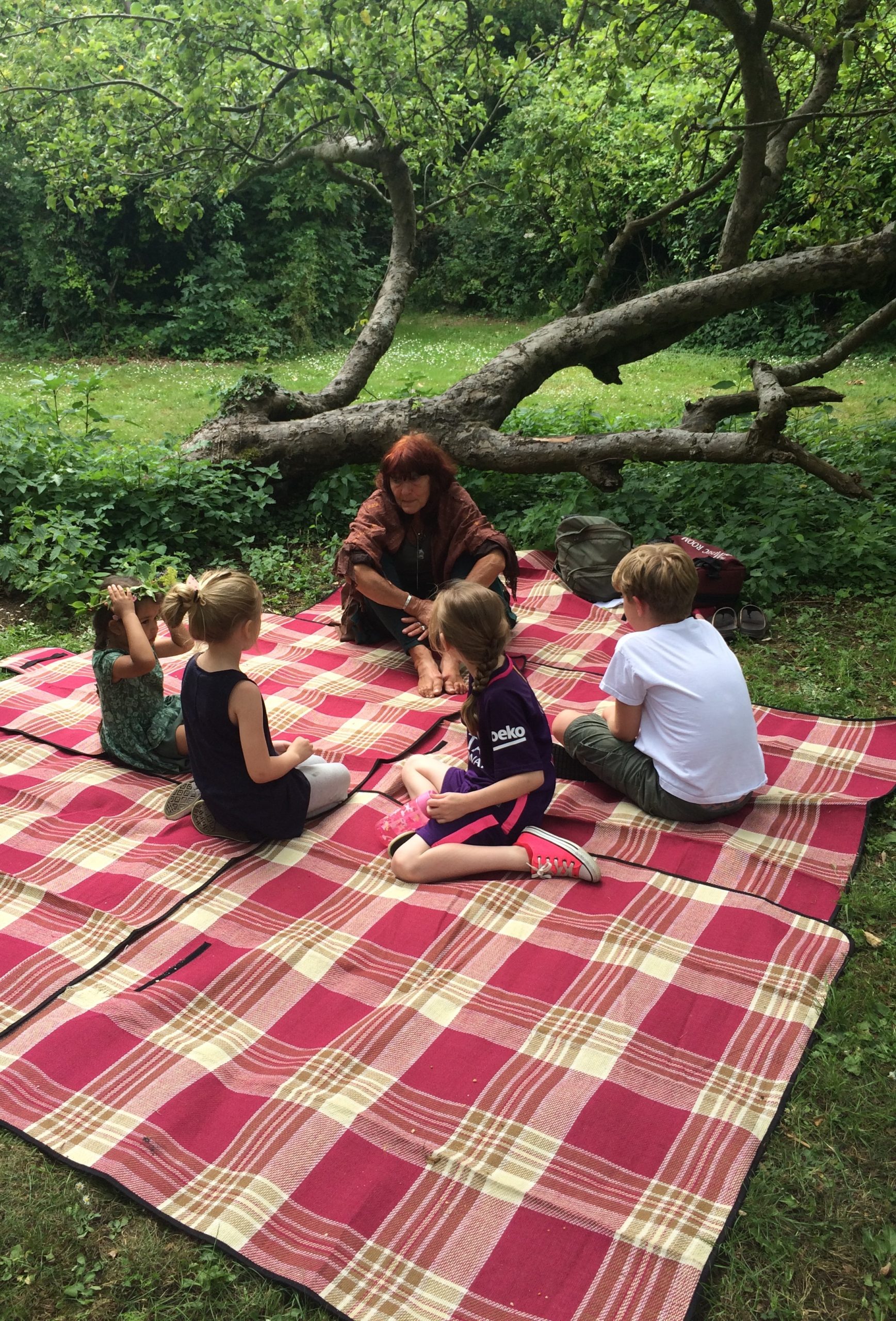 Four children and one adult sat on blanket in woodland
