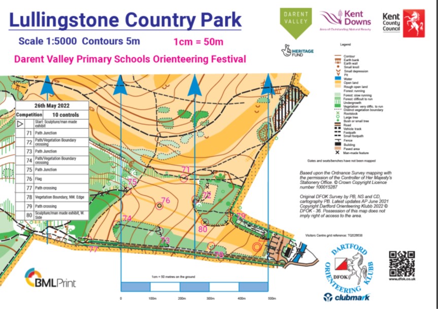 Orienteering map with various colours and lines on